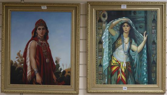 Modern Orientalist School, pair of oils on canvas, portraits of Arab girls, indistinctly signed, 60 x 50cm